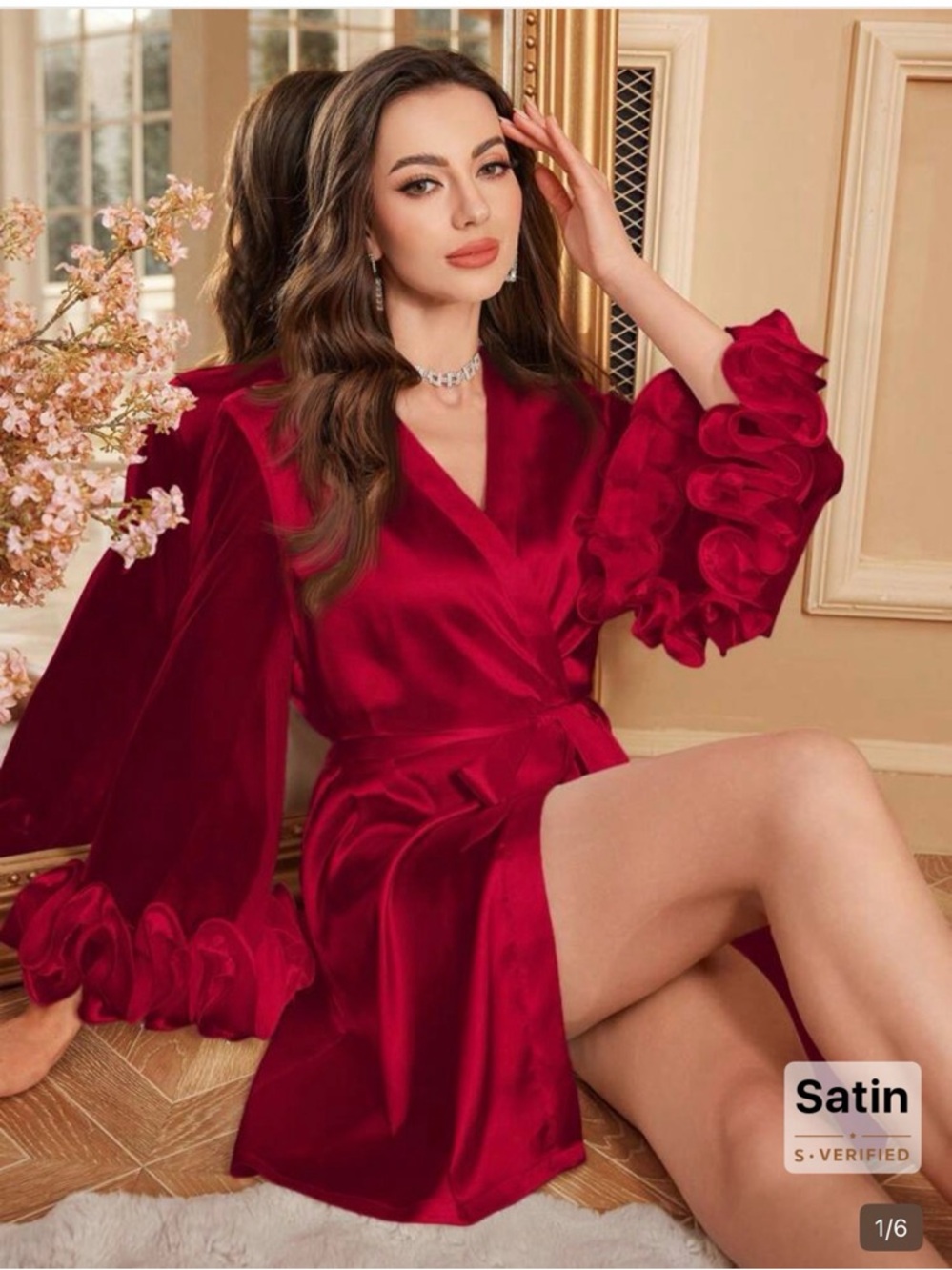 NWT Satin Red Ruffle-Sleeve Wrap Robe